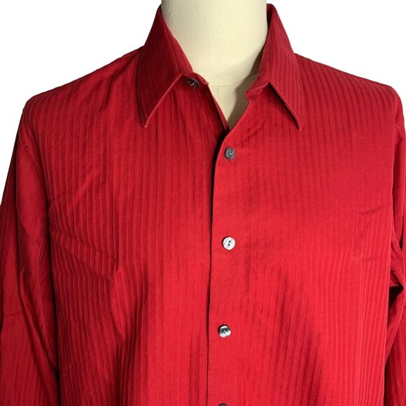 Kenneth Cole Reaction Slim Fit Button Up Shirt L Red Striped Wrinkle Free Collar - Picture 2 of 6